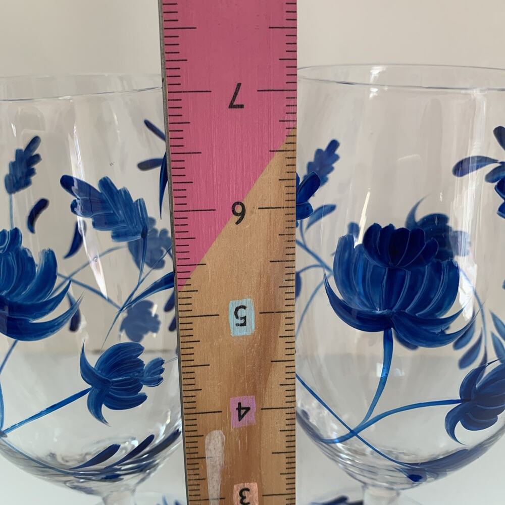 Set Of 2 Hand Painted Cobalt Blue Mattanah Floral Clear Glass Water Goblets 7” - Picture 3 of 3